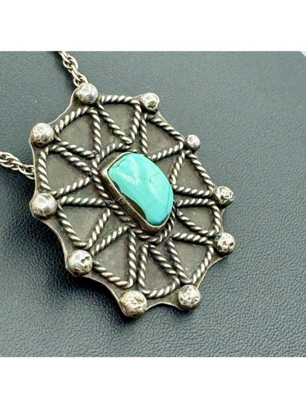 Southwestern Sterling Turquoise Spider Web Pendant Necklace Vintage 32g 28" - Picture 4 of 16